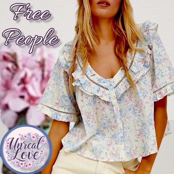 NWT FREE PEOPLE Unreal Love Floral Print Ruffle Collar Short Sleeve Cotton Top - Picture 1 of 10